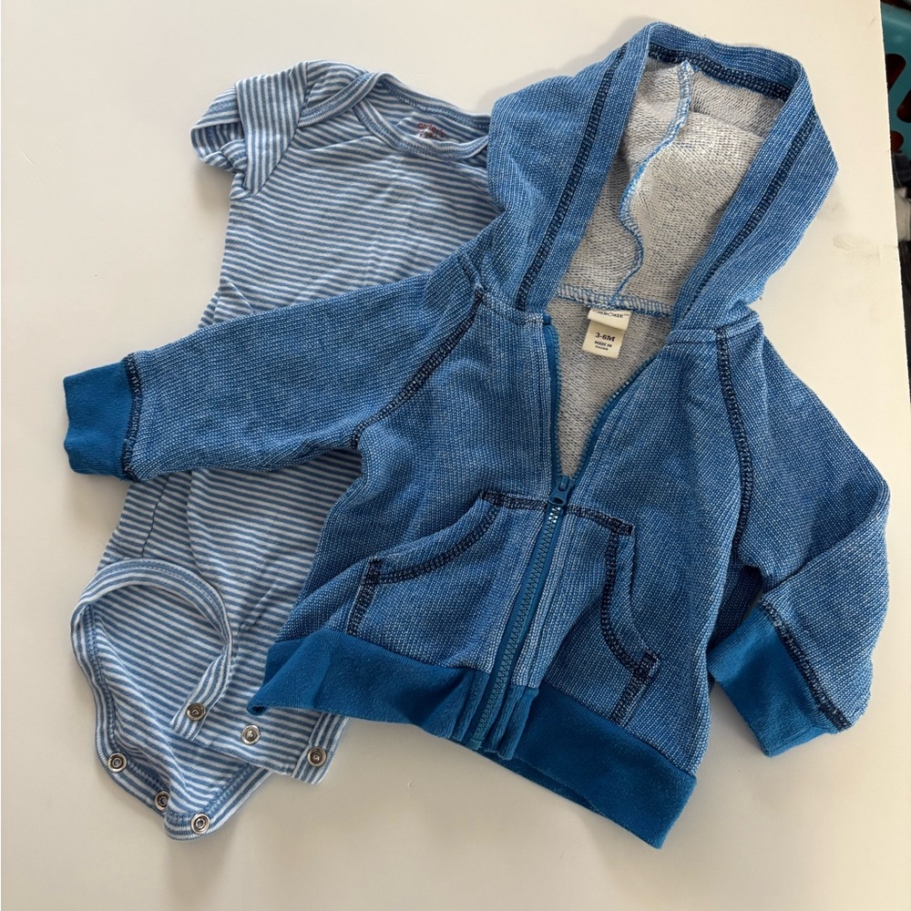 $13 Bundle of baby 6m short sleeve onesie and blue hoodie Cherokee Sale
